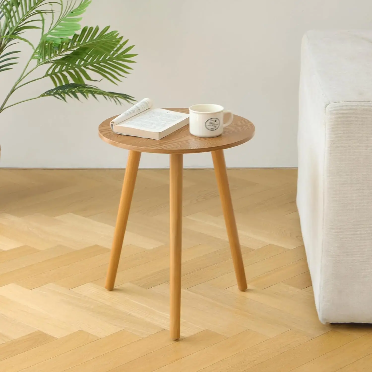 Round Side Table, Small End Table for Living Room, Modern Accent Table Coffee Side Table with Solid Wood Legs