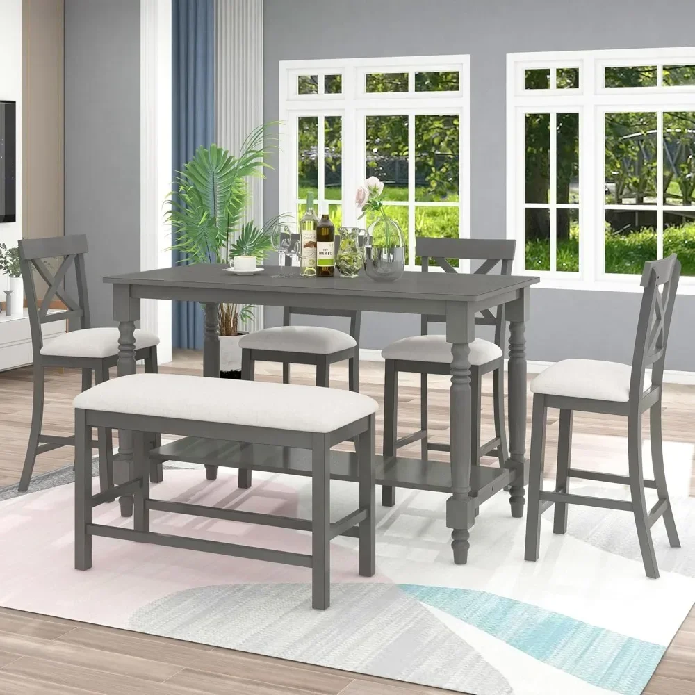 6 Piece Kitchen Table Set with Bench Solid Wood Dining Room Table Set for 6, Counter Height Table with Storage and Upholstered