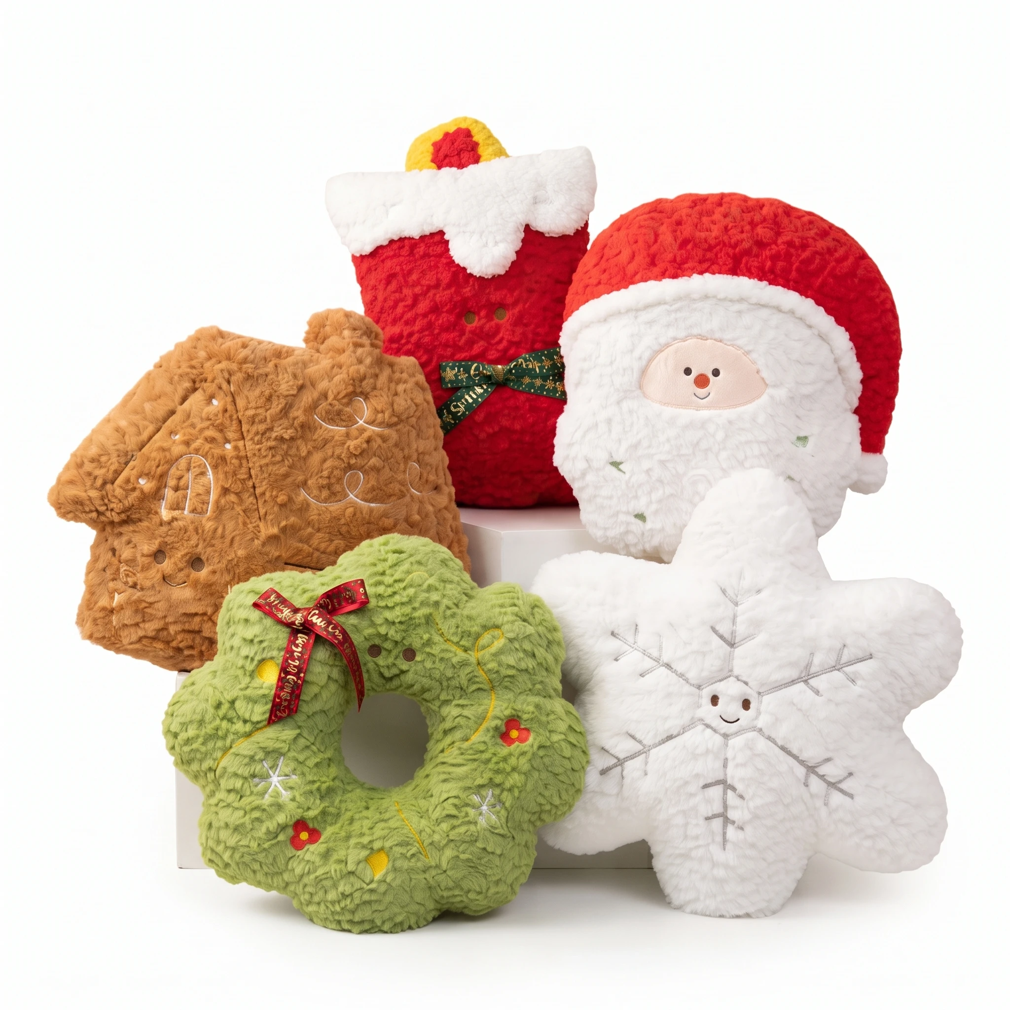 Christmas Plush Throw Pillow with Insert, Santa Wreath Snowflake Gingerbread House Candle Xmas Sofa Decor Cushion Gift