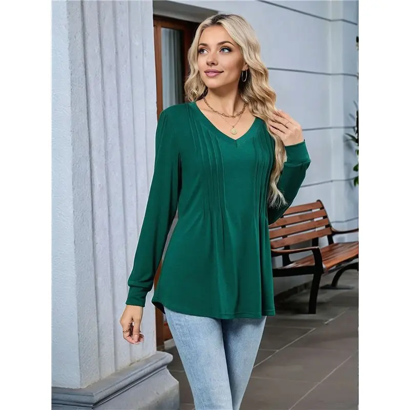 CYL-المرأة نفخة قمصان طويلة الأكمام مطوي الخامس الرقبة الخريف تونك القمم بلوزة متأنق عادية فضفاض الصيف تي شيرت