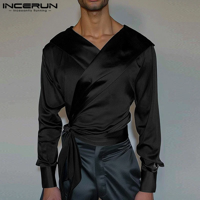 INCERUN Tops 2024 American Style Fashion Men's Twisted Cross Neck Shirt Casual Clubwear Male Hot Sale Solid Long Sleeved Blouse