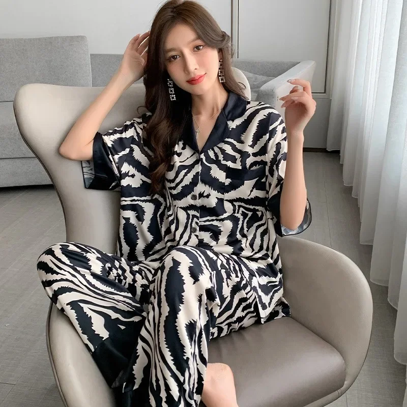 

Pajamas Women's Fall and Winter Short-Sleeved Long Pants Ladies Sleepwear Grain Silk Black Girl Fashion Homewear Suit