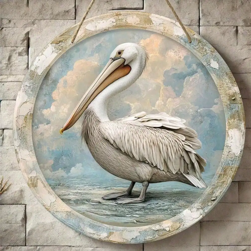 Pelican Coastal Wall Art 8x8 Inches Round Wood Sign, 2D Print Home Decor for Living Room, Kitchen, Office, Bar Cafe Holiday