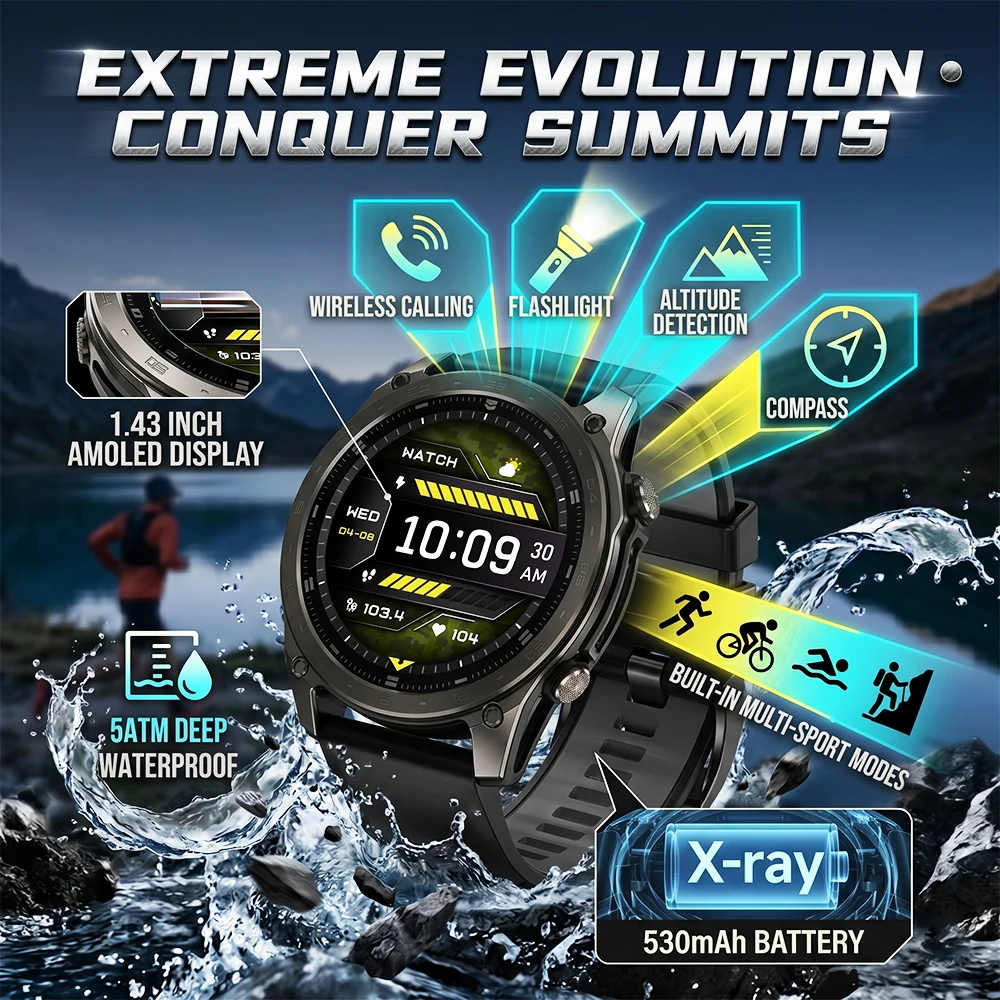 

2026 New Military Smart Watch Men 1.43" AMOLED Bluetooth Call Compass Altitude 530mAh Battery 5ATM Waterproof