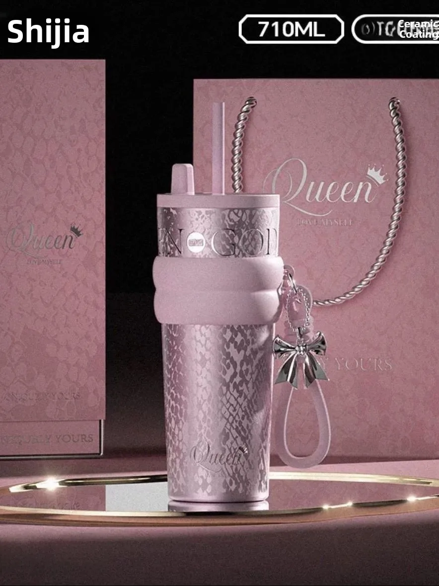

High-End Ceramic Coffee Cup Large Capacity Insulated Water Bottle Straw Girls Beautiful High Value Limited Edition Car Mounted
