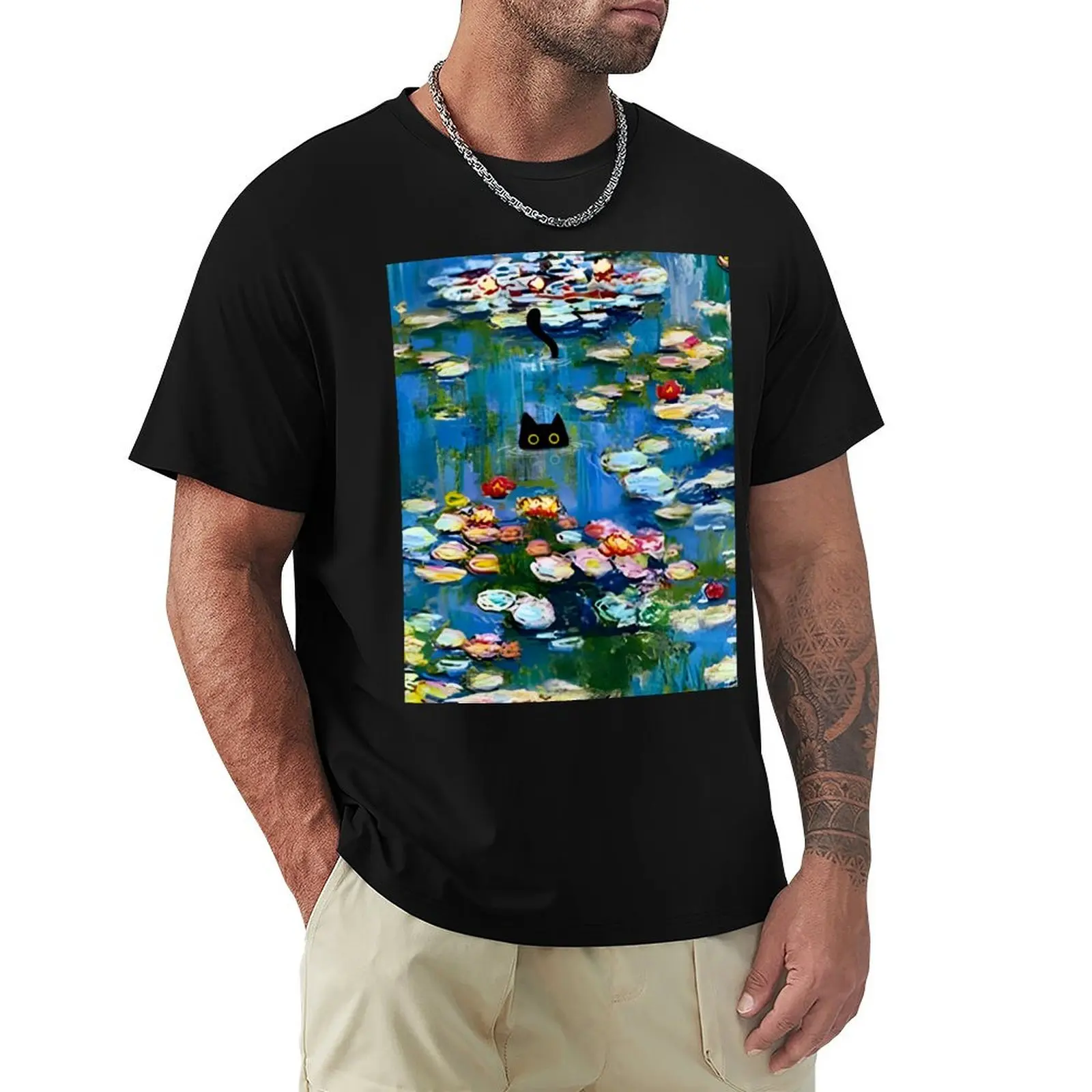 Cat Monet Waterlily T-Shirt Daily Work Short Sleeve Top