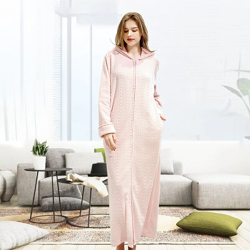 Women Extra Long Thermal Bathrobe Jacquard Flannel Winter Plus Size Pregnant Warm Bath Robe Zipper Dressing Gown Men Sleepwear