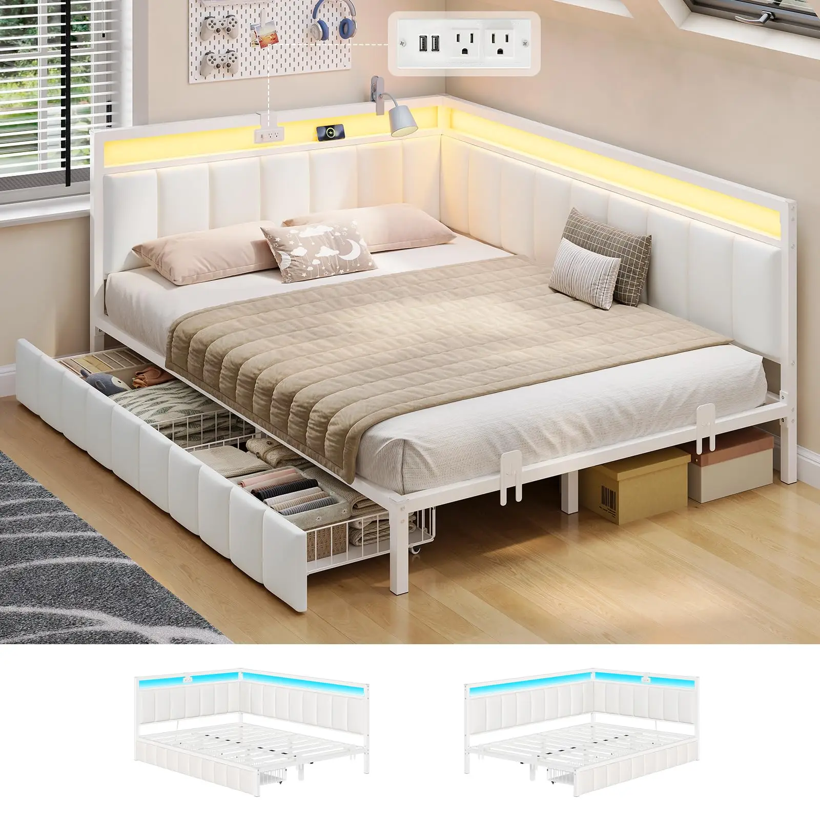 Corner Bed Frame with Storage Drawers, Full Daybed with Line Fabric Upholstered Fence, Kids Bed Unit with LED Light and