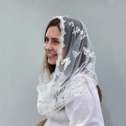 3D Flowers Butterflies Veils Church Chapel Catholic Gift Infinity D Shape Latin Mass Mantilla Head Covering  White Lace Edge