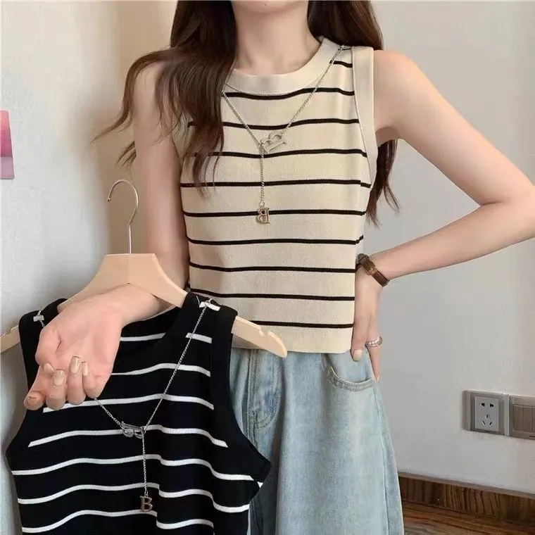 Ensemble deux pièces Chic pour femmes, tapis d'été irt avec sangle, gilet rayé coréen Sle Long Sve, coupe ample, détail de boutons