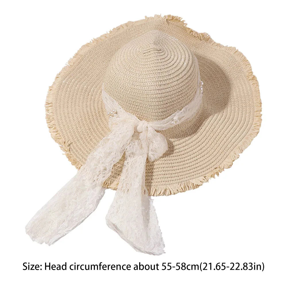 

Elegant Spring Summer Bow Ribbon Straw Hat Big Brim Foldable Lace Pearls Straw Hat French Style Beach Women's Sun Hat Travel