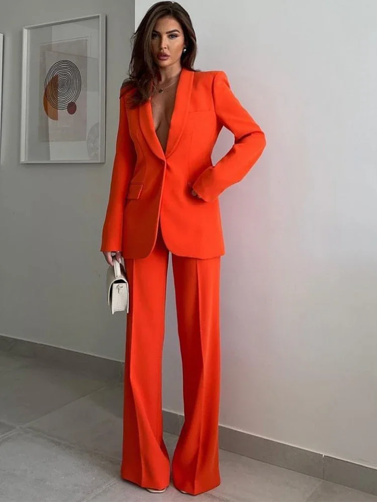 Conjuntos de pantalones para mujer, chal naranja a la moda con solapa y un botón, 2 piezas, elegante, para fiesta de graduación, oficina, traje Formal liso para mujer, ajustado