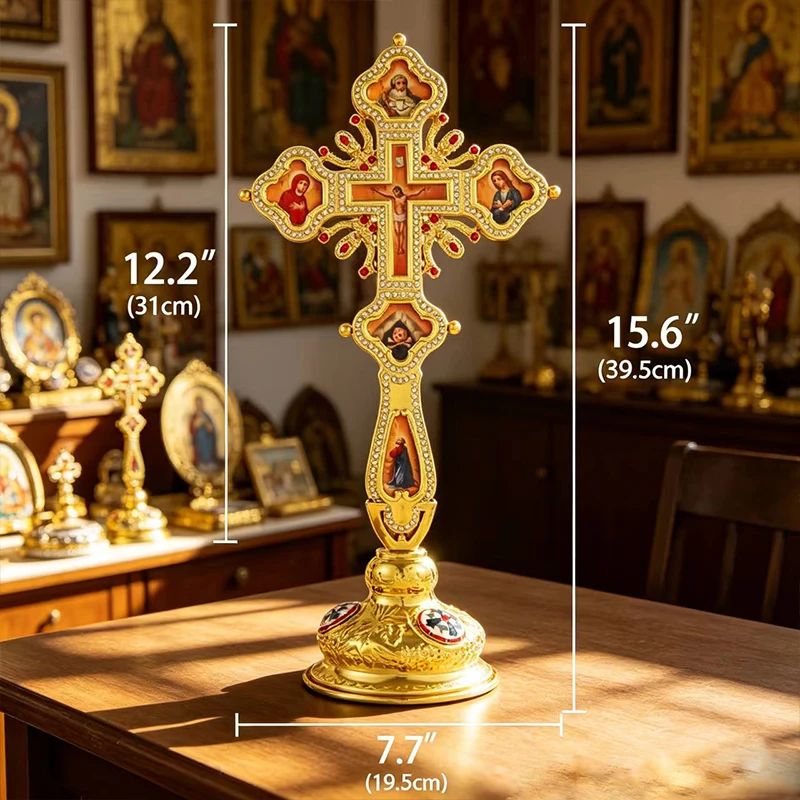 Gold Plated Orthodox Standing Blessing Cross with Enamel Icons and Red Crystal Accents for Christian Church Altar Liturgy and Pr