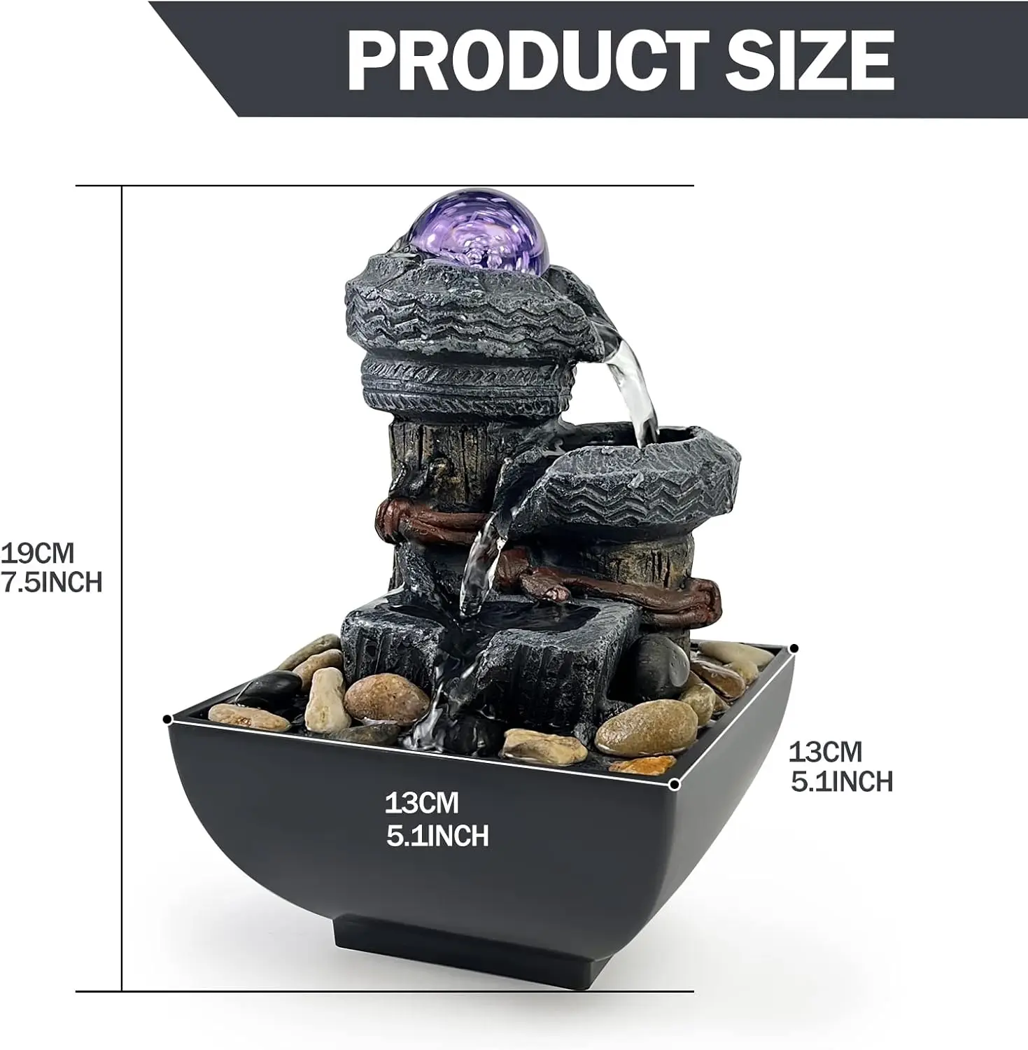 Tabletop Waterfall Fountain with LED Light,Indoor Zen Meditation Desktop Fountain Includes Balls for Home and Office Decoration