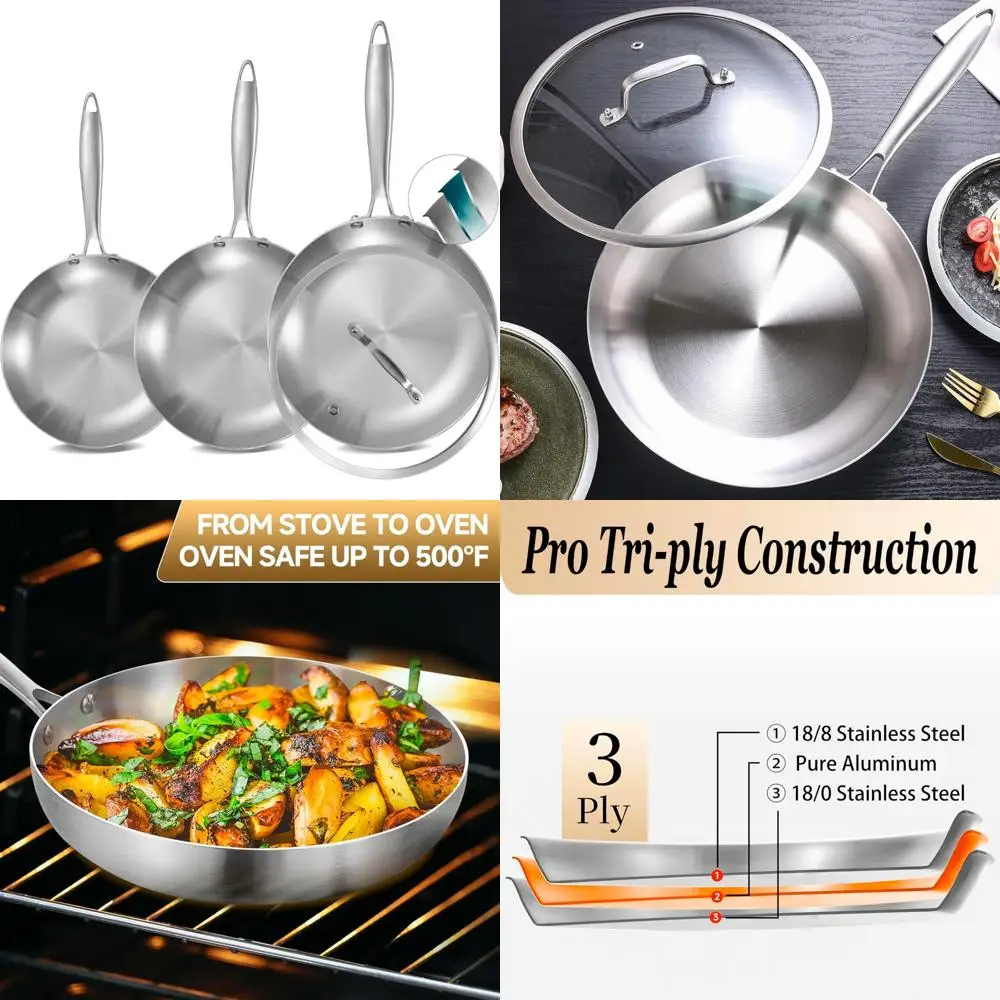 

Stainless Steel Frying Pan Set of 3 with Lid, Induction Compatible Skillets, Even Heat Distribution, Riveted Handle, Perfect for
