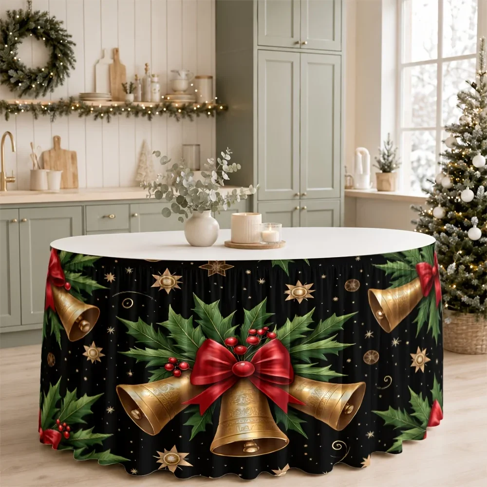 1-piece set - Elegant Christmas table skirt with bell holly ribbon and star pattern - Suitable for weddings