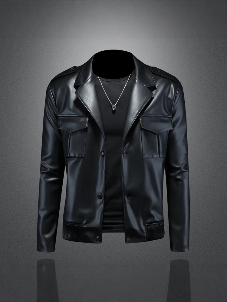 

Мужская приталенная кожаная куртка из мягкой однотонной кожи, мотоциклетный стиль, весна 2025, корейская версия, повседневная верхняя одежда с отложным воротником