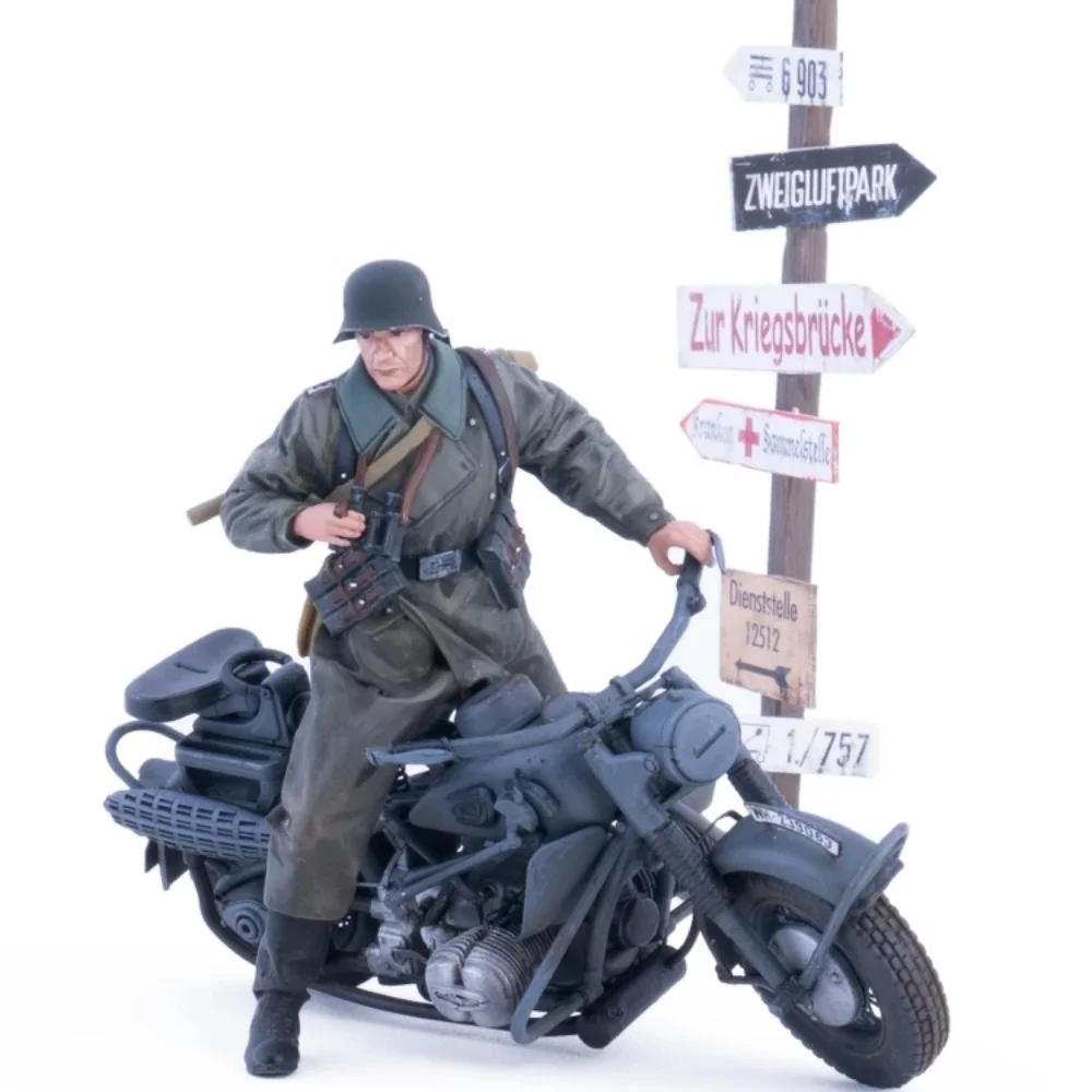 1/35 skala II wojna światowa niemiecki motocyklista rysunek z żywicy wojskowa scena bojowa niepomalowany druk 3D kolekcja modeli DIY zabawki