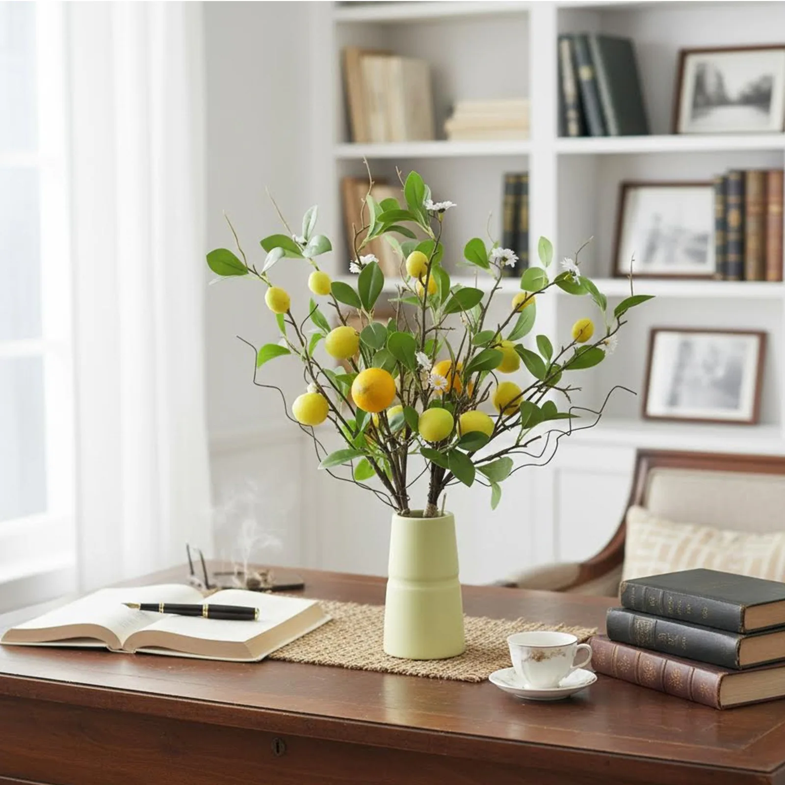 Lemon and Daisy Faux Floral Arrangement with Lifelike Details for Kitchen Island Counter or Dining Table Centerpiece Styling