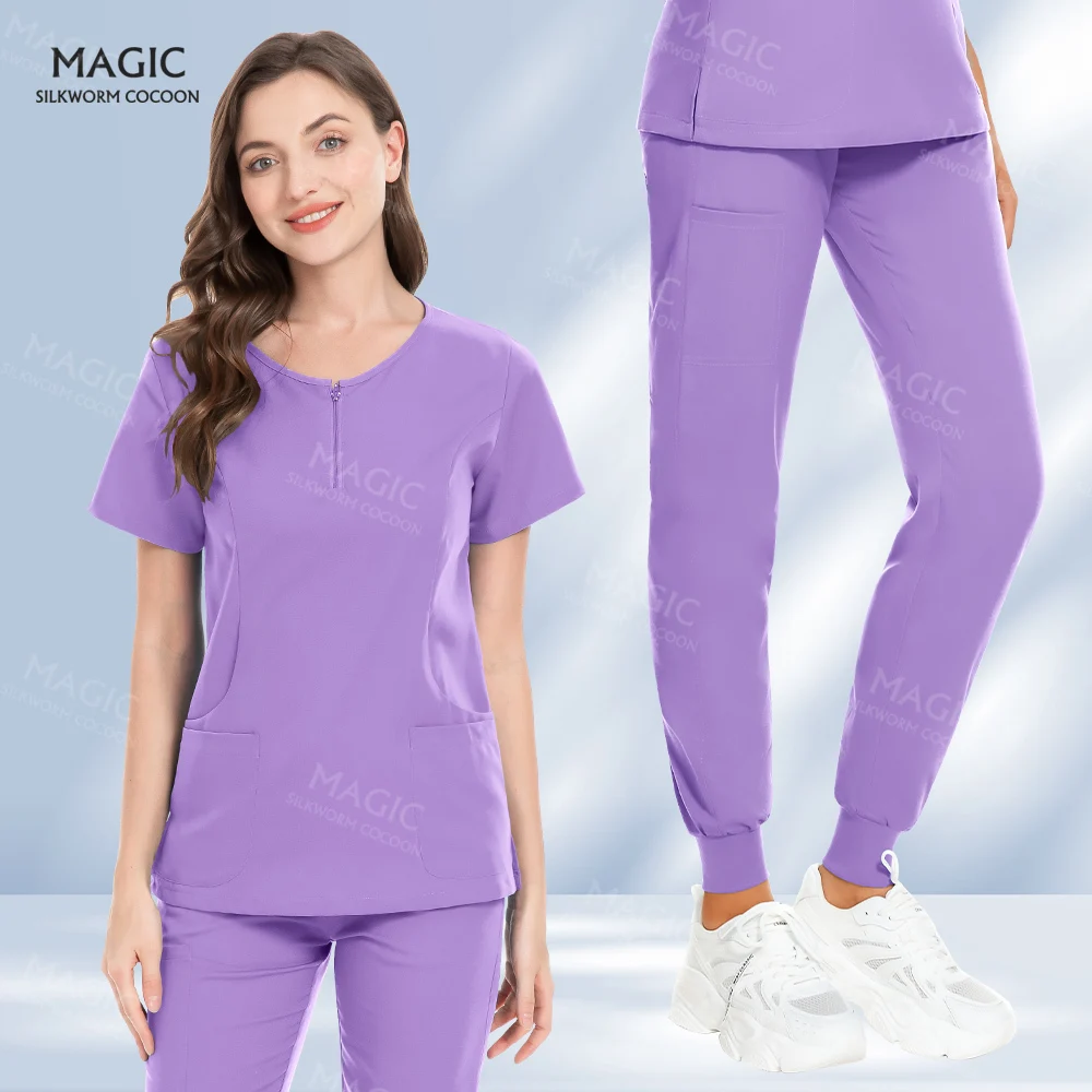 

Medical Uniform Women Dentist Tops + Jogger Pants Spa Uniforms Pocket Care Worker's T-Shirt Set Health Nurse Working Scrub Suits