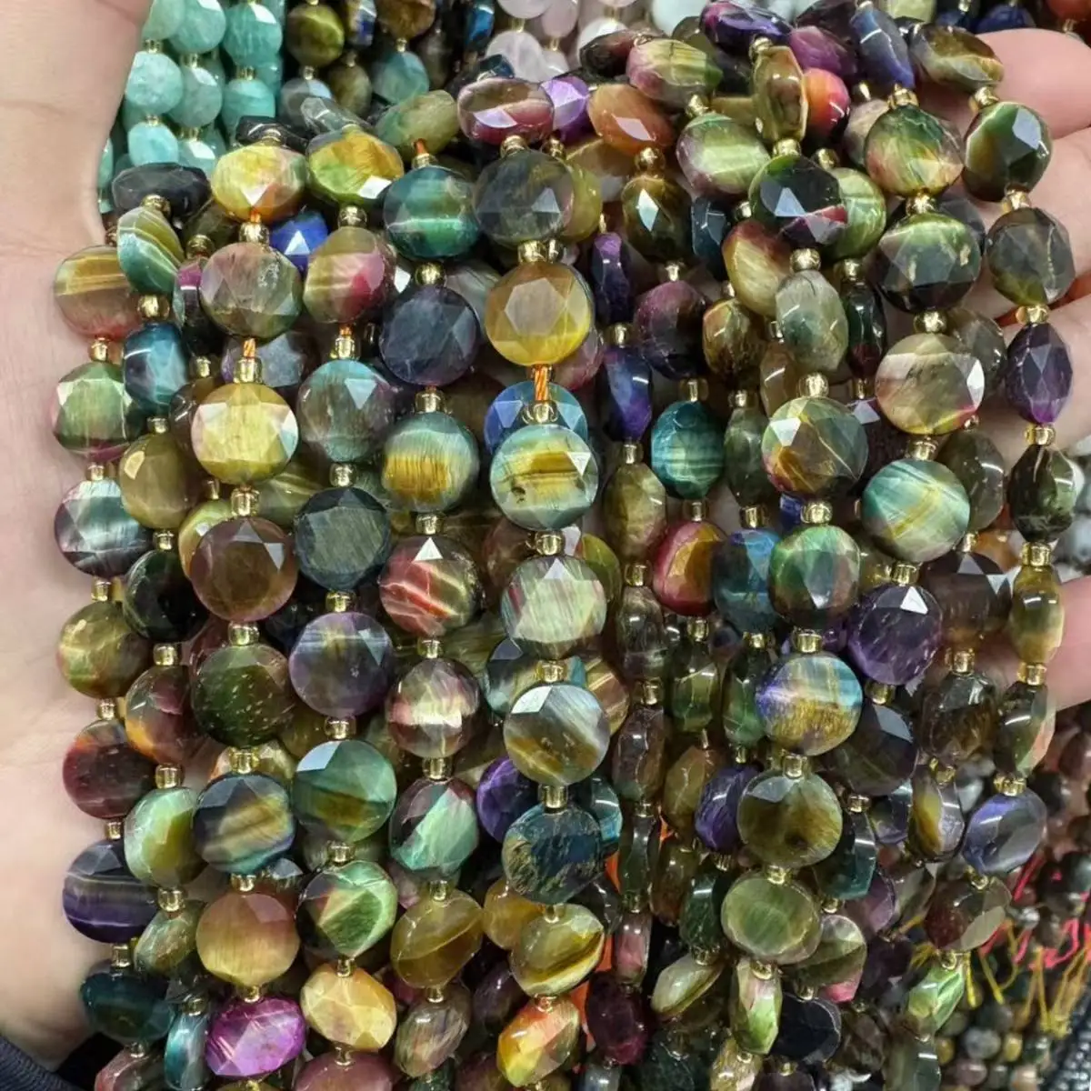 حبات الحجر الطبيعي السداسية الأوجه متعدد الألوان عين النمر خزر عازل مستدير 10 مللي متر للمجوهرات قلادة سوار ذاتي الصنع صنع