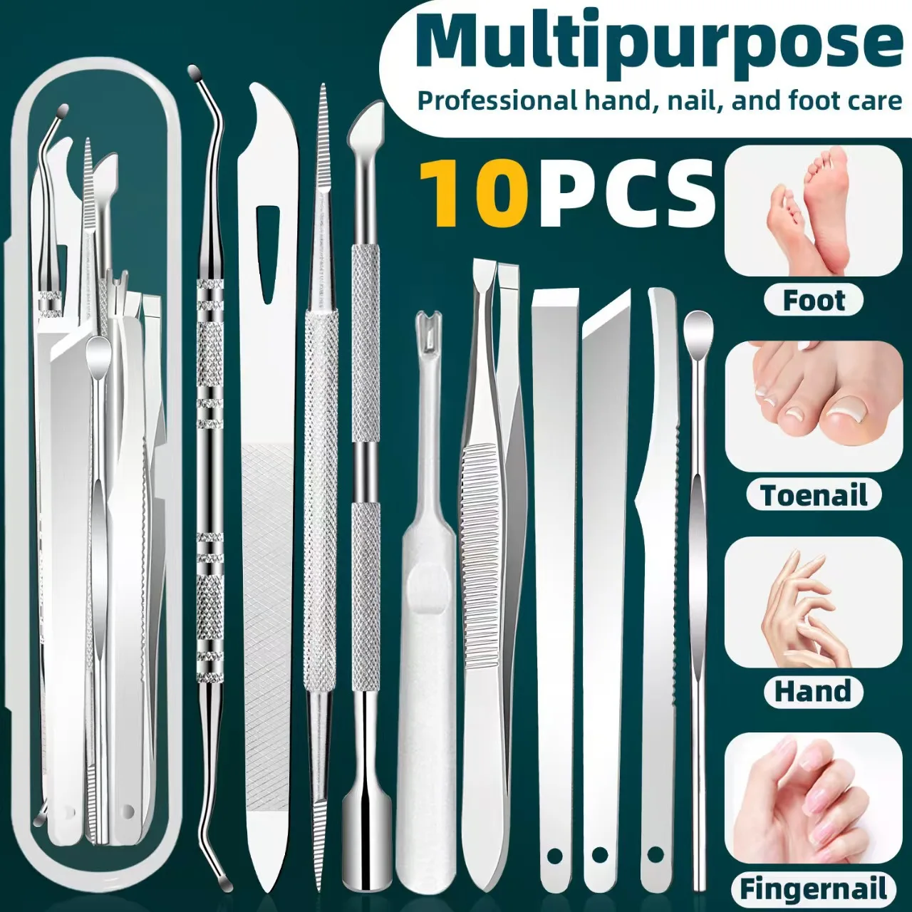 10pcs Nail Tool Set Professional Stainless Steel trimming pedicure Cuticle Pusher Remover Nail Care Manicure Tools Kits