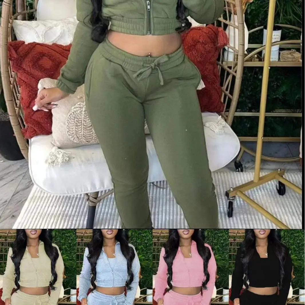 Women's Faion Set with ort Top And Dstring Pants Zipper Outer Long Sve Tee-piece Autumn Collection for Adults