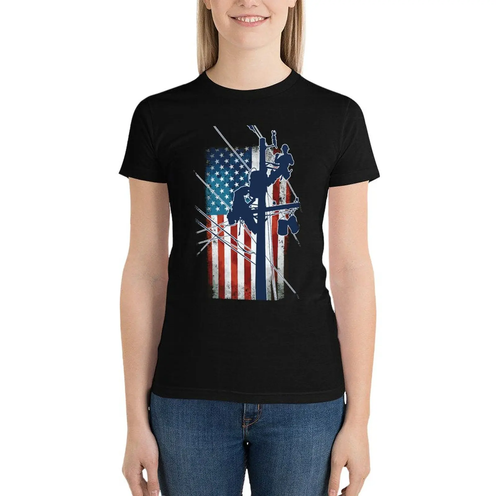 Gift For Lineman - Lineman with American Flag Shirt T-Shirt shirts graphic tees cute clothes oversized workout shirts for Women