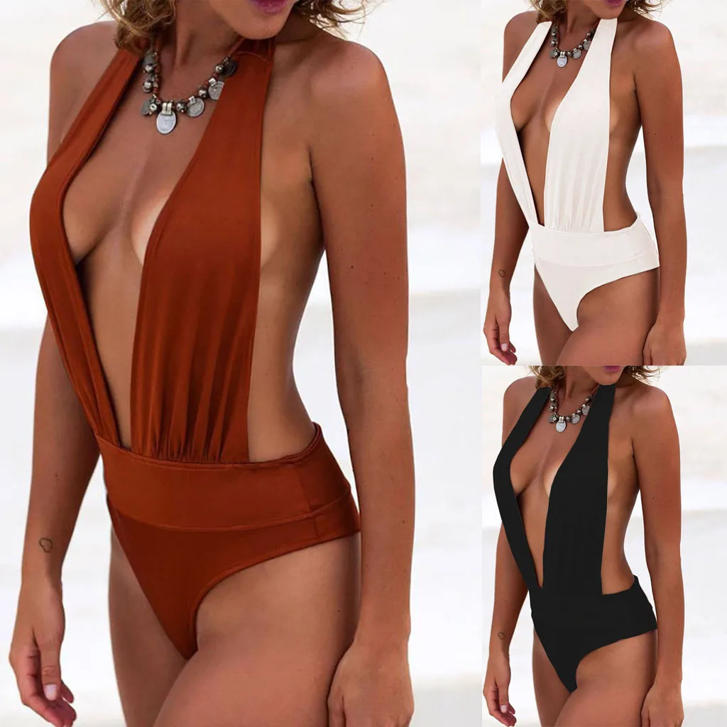 2023 Summer Solid Color Beach Vacation one-piece swimsuit big V-neck hanging neck backless thong sexy beach wear wholesale store