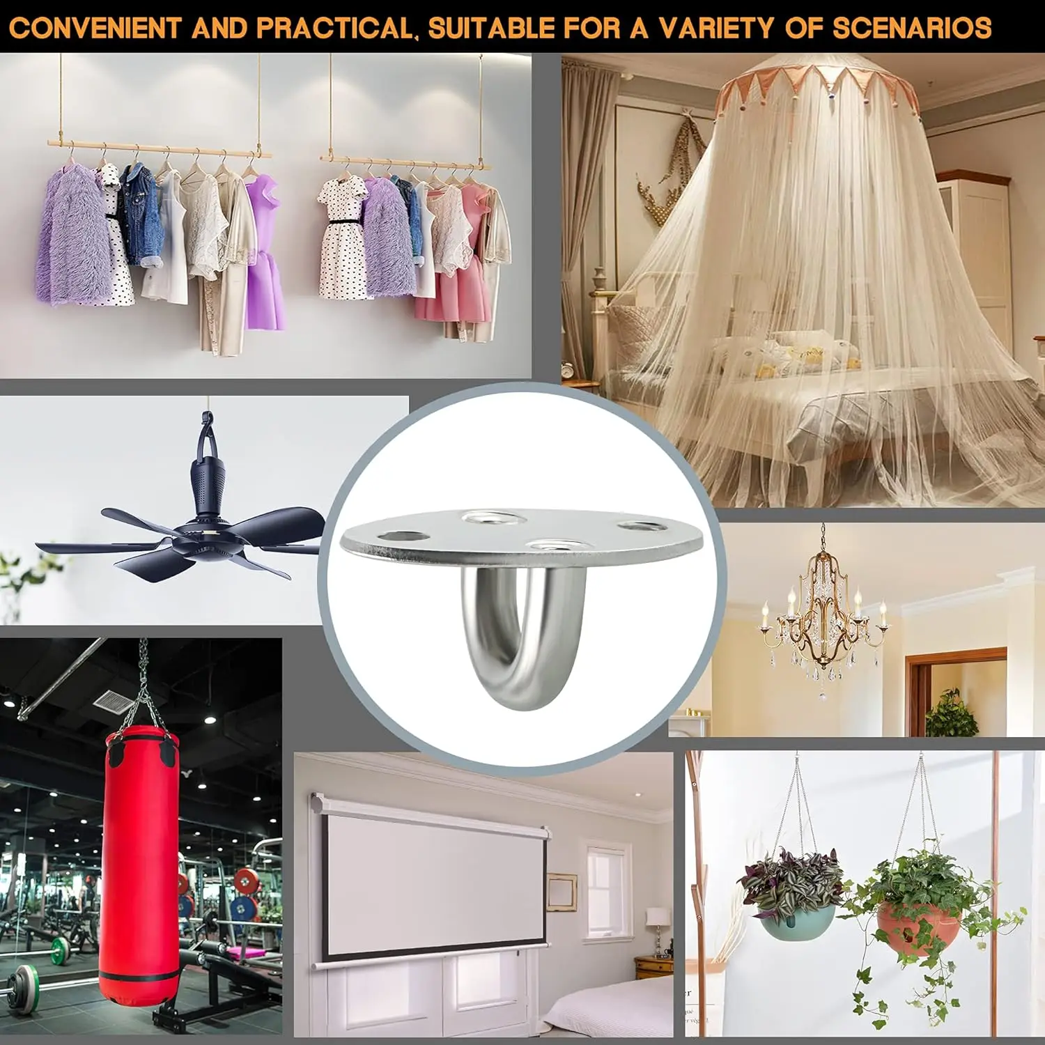 Ganchos de ventilador de acero inoxidable, ganchos de lámpara en forma de U, Base de ventilador de techo para colgar, ganchos de techo, ganchos para aplicaciones marinas, 1 ud.