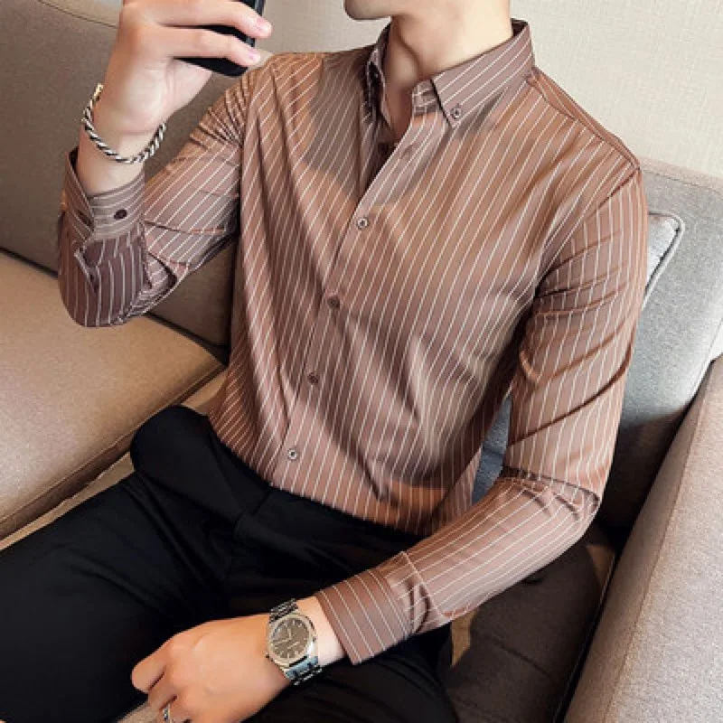 

Luxury Slim Fit Shirt Long Sleeve Men's Business Shirt Vintage Striped Youth Man Dresses Blouse Camisa Korean Style Men Clothing