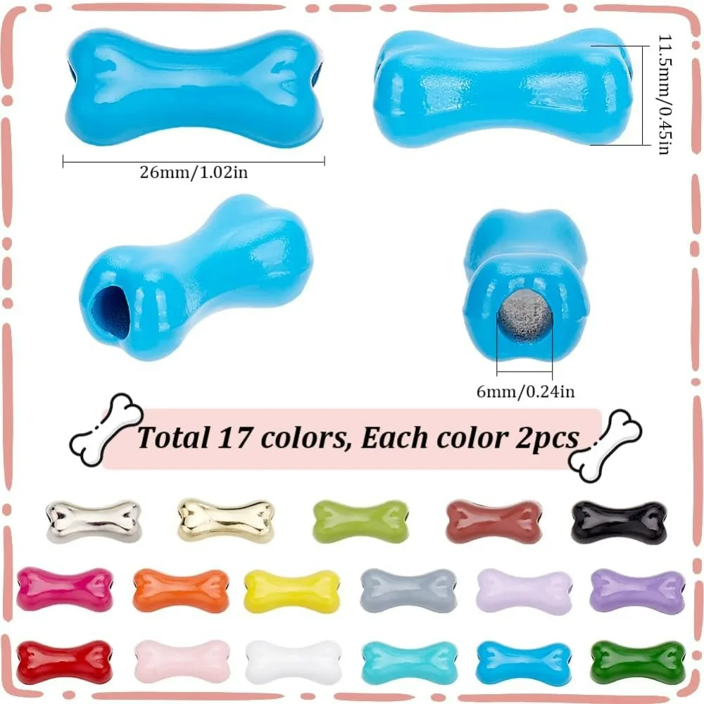 1박스 34개입 17색 뼈 모양 비즈 대량 뼈 모양 비즈 금속 합금 다채로운 애완동물 대형 구멍 강아지 뼈 모양 비즈