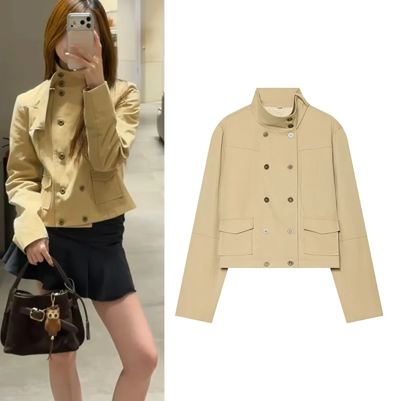 Women's Jacket 2026 New Autumn Fashion Khkai Long-Sleeve Stand-Collar Slim Jacket With Belt Chic Personality  Ladies Coat