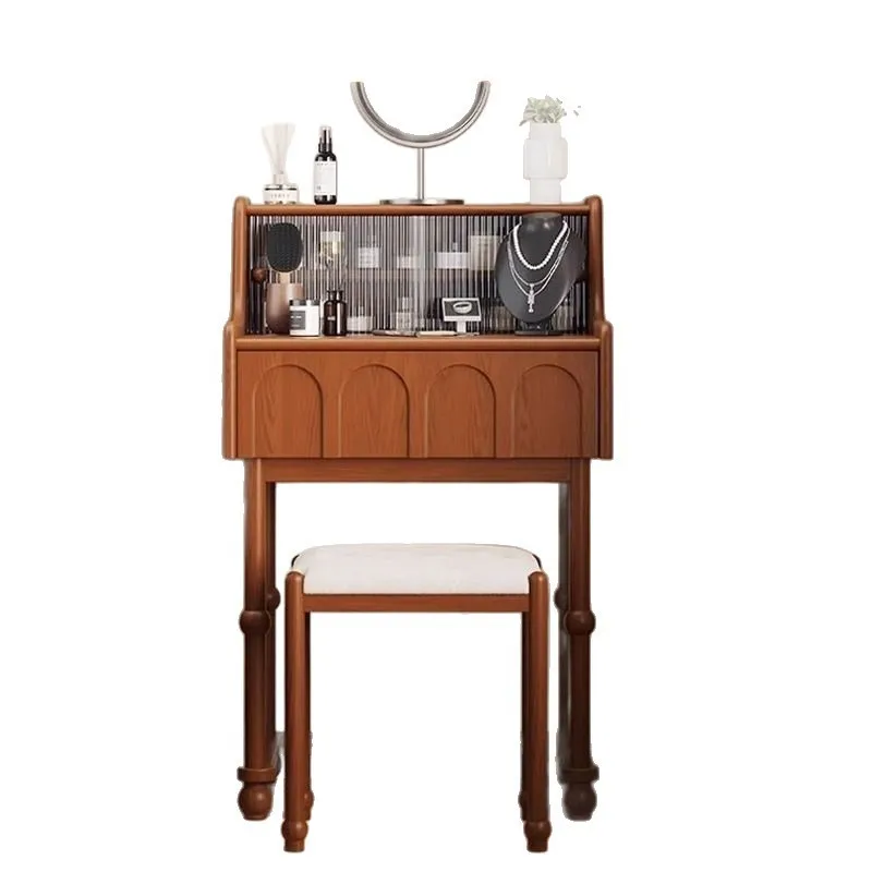 

French medieval ash wood solid wood dressing table small apartment bedroom mini small dressing table integrated makeup table