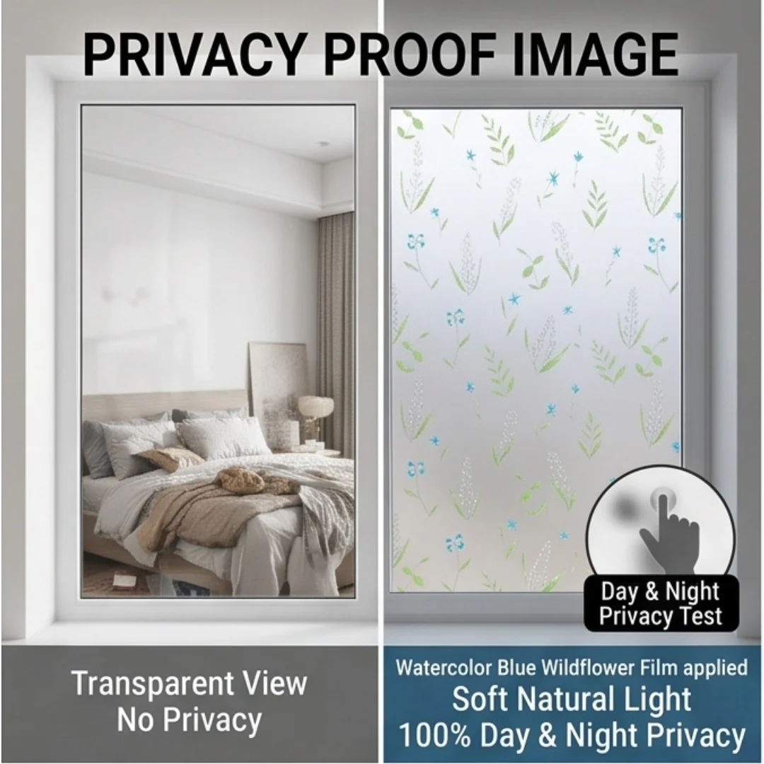 Self‑Adhesive Blue Wildflower Frosted Window Film Privacy Protection Floral Glass Sticker Anti‑UV Waterproof Decorative Window