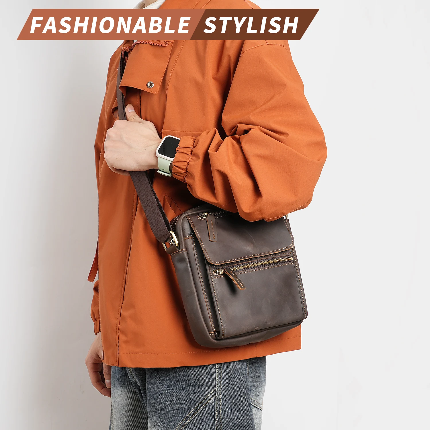 YATBEST Men's Crossbody Bag Large Capacity Multi Pocket Leather Single Shoulder Crossbody Bag Commuter Retro Travel Bag