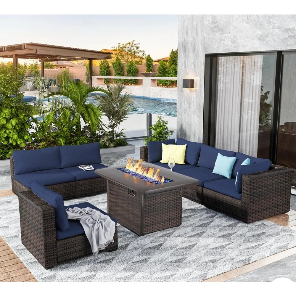 

7 Pieces Outdoor Sectional Patio Furniture Set w/ Fire Pit Table PE Rattan Wicker Patio Sectional Conversation Set with Cushions