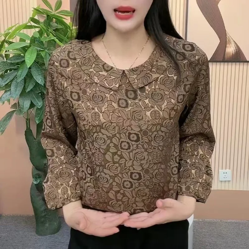 Fashionable Temperament Women\'s Clothing 2023 Autumn and Winter New Printed Doll Neck 9/4 Sleeve Versatile Commuting Pullover