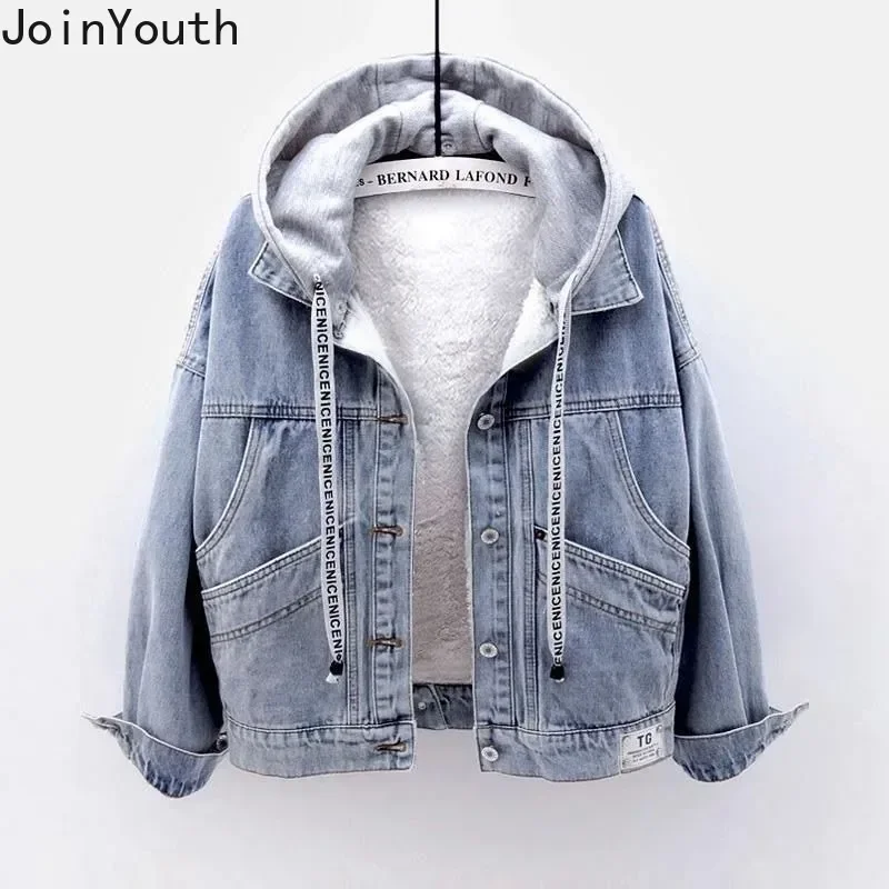 Y2k Tops Fashion Simple Blue Denim Coat Women\'s Clothing 2024 Autumn New Hooded Outfits Thicked Warm All-match Casual Jackets