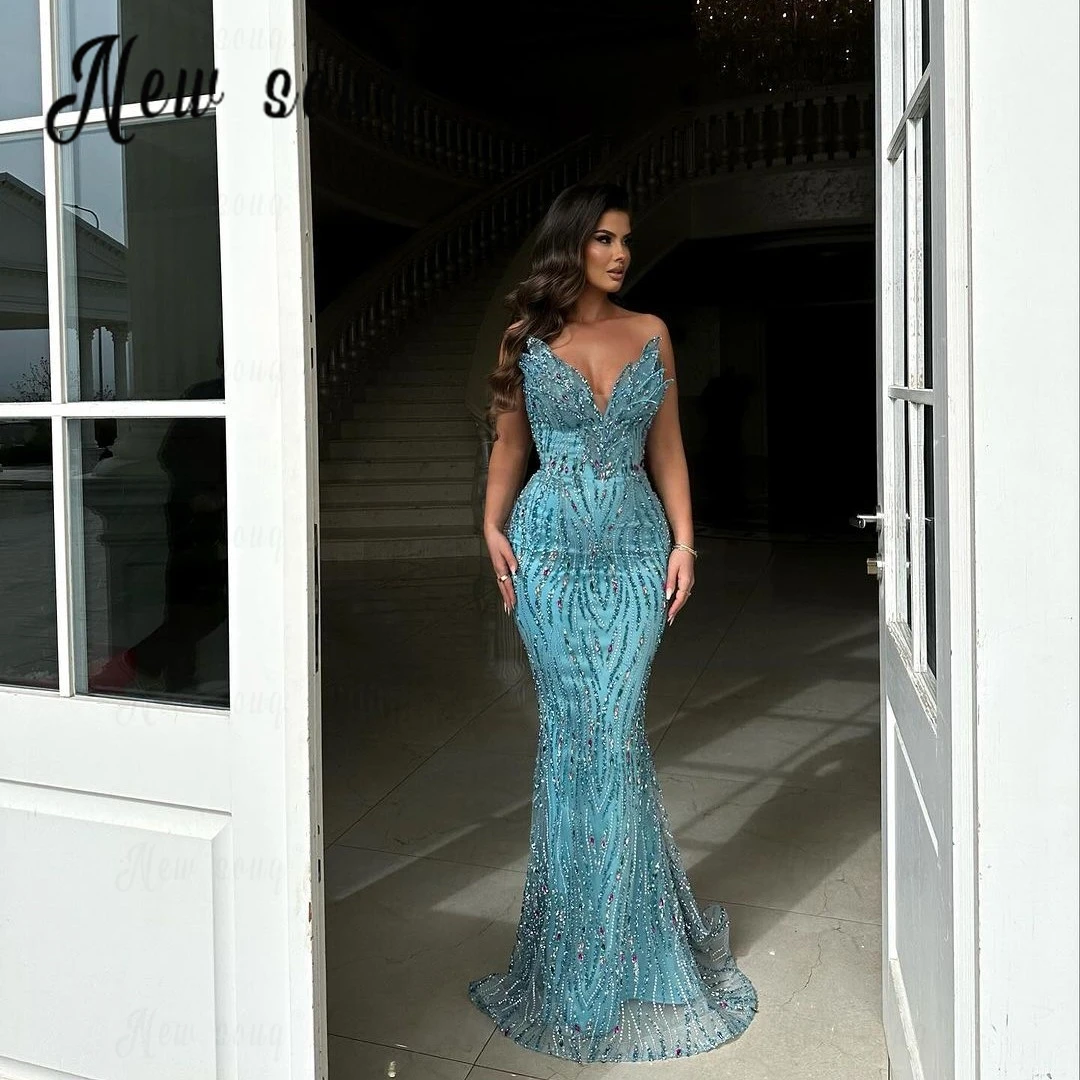 High Quality Sleeveless Blue Mermaid Cocktail Dress 3D Leaf-shaped Wedding Events Gowns Deep V Neck Formal Celebrity Dresses