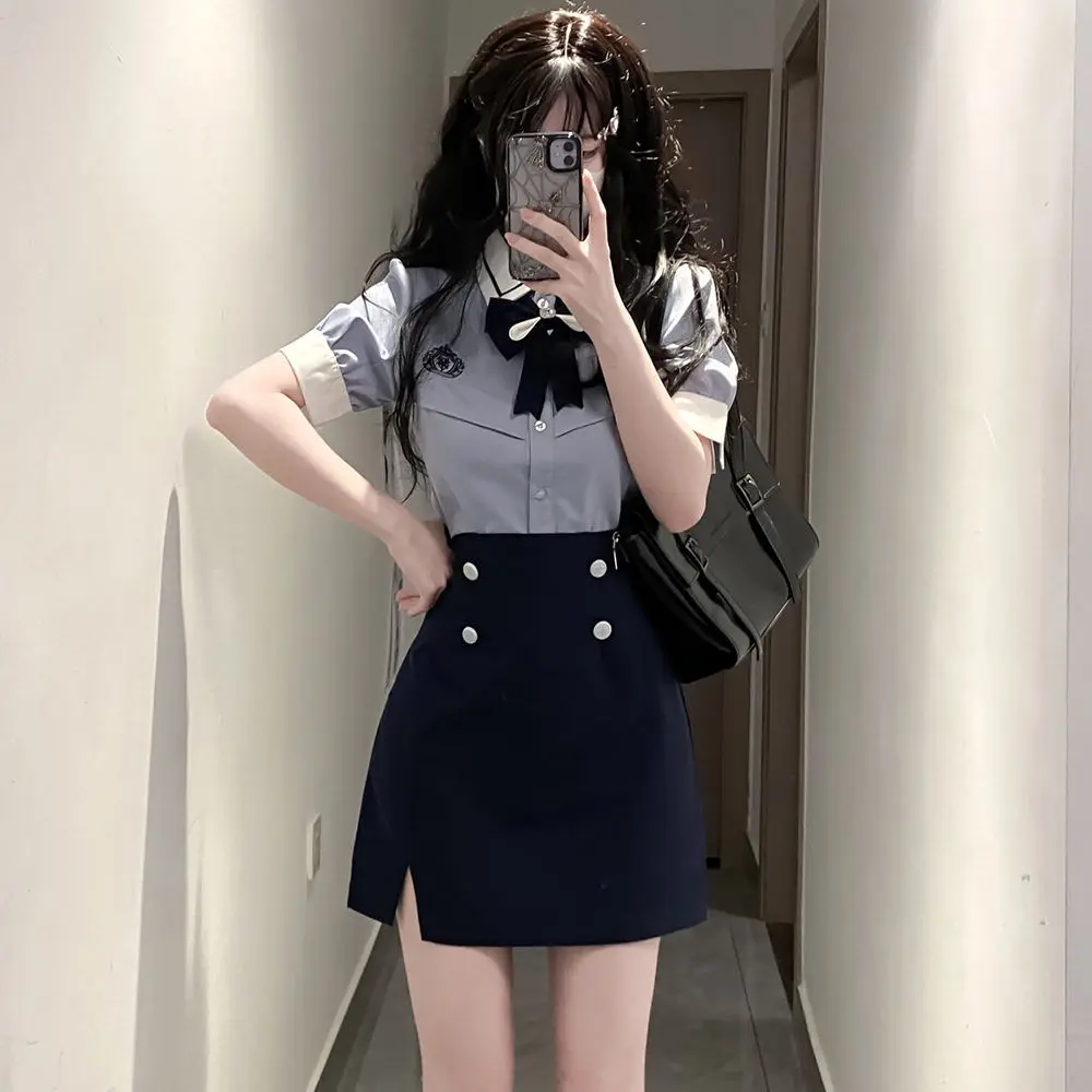 2024 Summer Original Japanese Fashion Blue Bow Tie JK Uniform Women Sweet School Girl Sailor Suit Side Slit Slim Mini Skirt