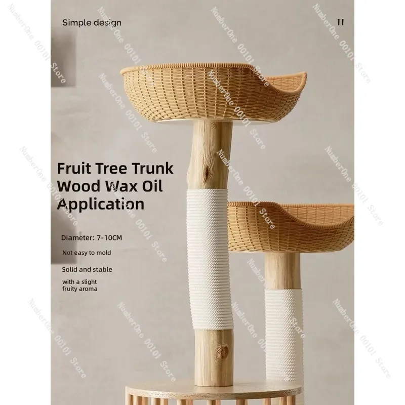 Luxury Solid Wood Cat Tree with Sisal Scratching Post Cozy Nest for Small Apartments Modern Rattan Design Multi Level
