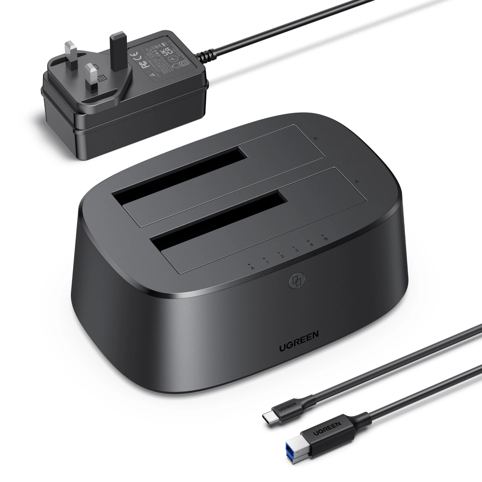 Stacja dokująca UGREEN 5Gbps na dyski HDD, dwu-komorowa, z zasilaniem EU, adapter SATA na USB 3.0 do dysków 2.5 i 3.5 cala, obudowa na dysk twardy SSD. — zdjęcie produktu 7
