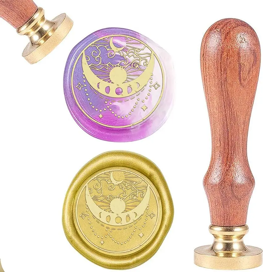 

1PC Wax Seal Stamp Sun Moon Vintage Wax Sealing Stamps Retro 25mm Removable Brass Head Wooden Handle for Envelopes Invitations