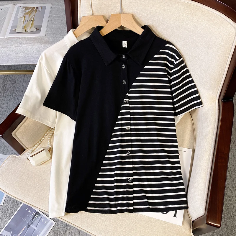 Summer XL-4XL Large Size Stripe Splice Tshirt Women Turn-down Collar Loose Oversize Tops Short-sleeve T-shirt Single Breasted