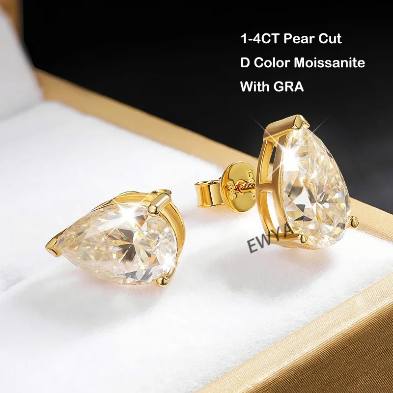 EWYA Luxury 1-4CT D Color Moissanite Stud Earrings For Women Party Fine Jewelry S925 Sterling Silver Pear Cut Diamond Earring