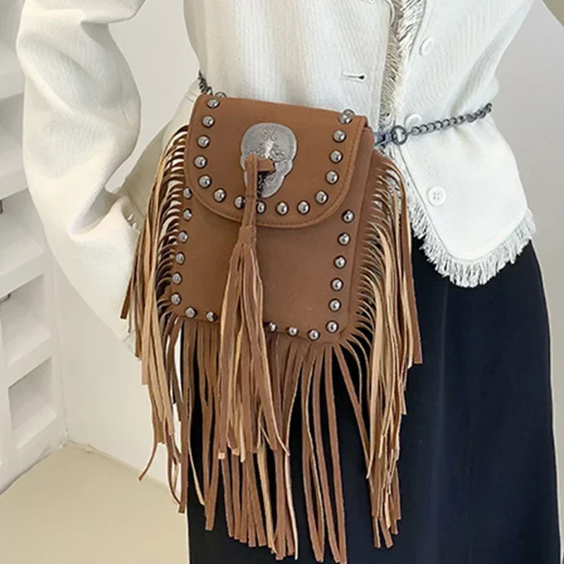 Vintage Women's Fringe Individual Rivet Mobile Phone Chain Shoulder Crossbody Bag Shopping