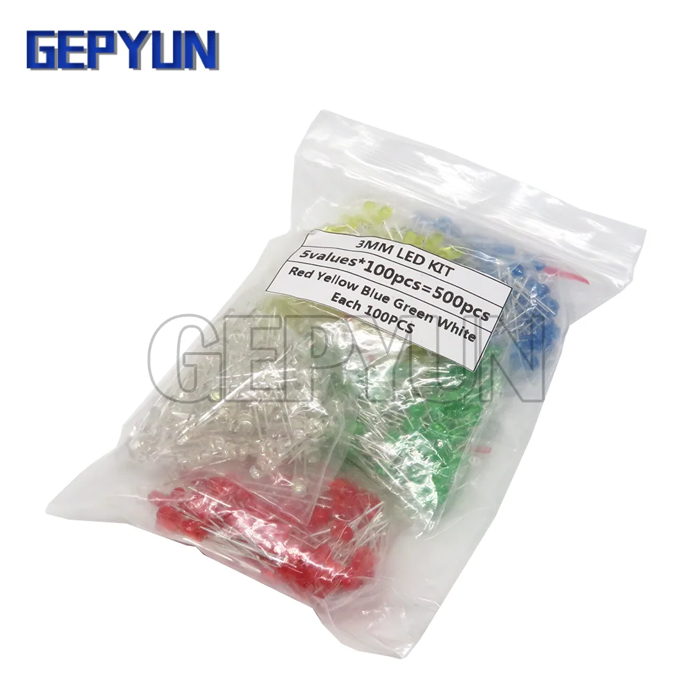 500Pcs 3Mm Led Diode Kit Gemengde Kleur Rood Groen Geel Blauw Wit Diy Elektronische Kit