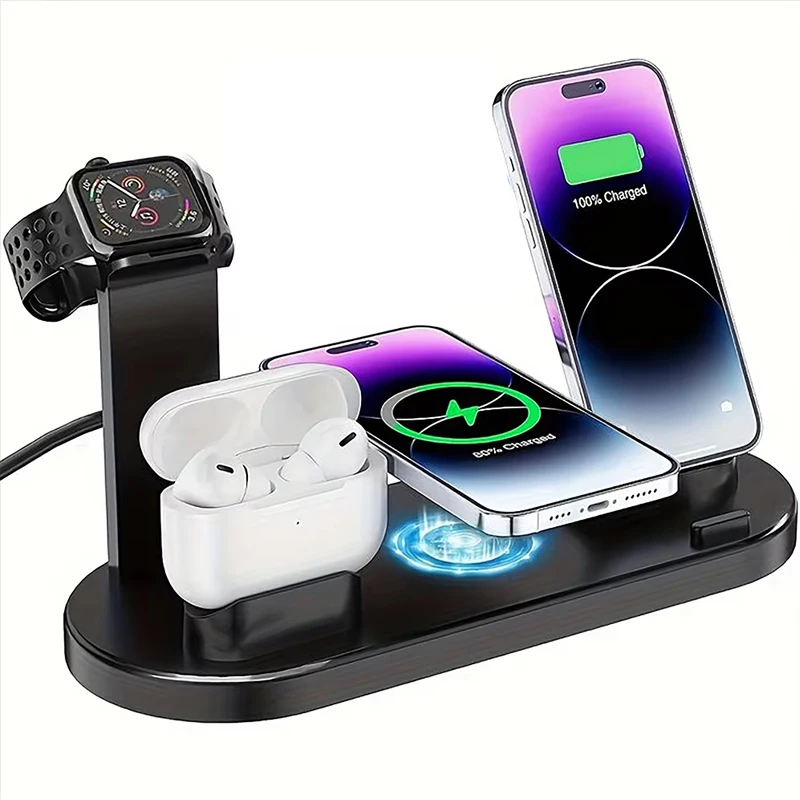 

Беспроводная зарядная станция 7-в-1 для iPhone 17, 16, 15, 14, 13, 12, Apple Watch, AirPods Pro, iWatch 8, 7 с быстрой зарядкой