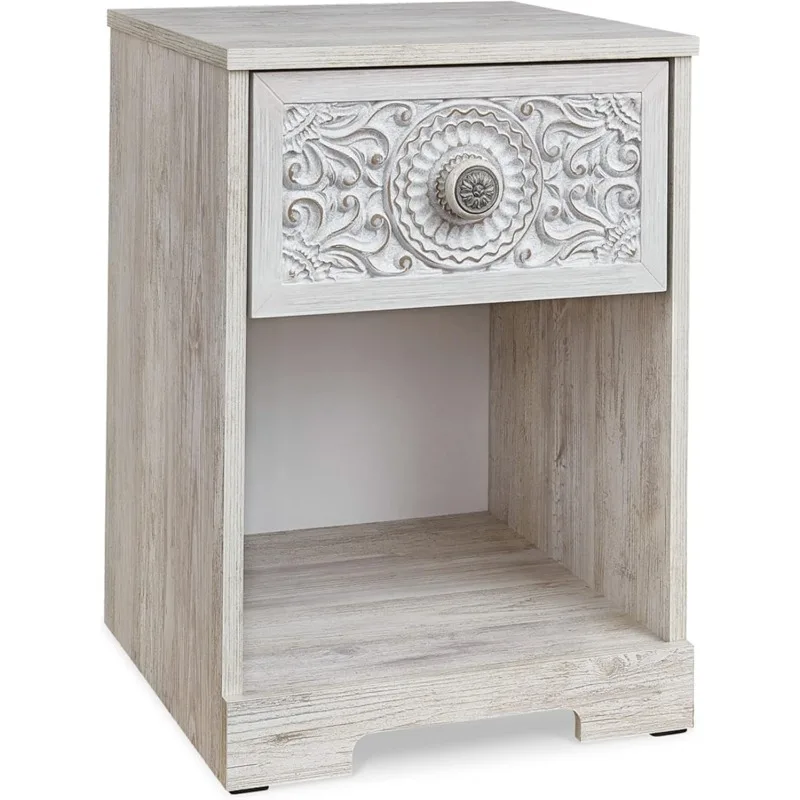 1 Drawer Nightstand with Open Cubby, Faux Veneer and Engineered Wood,Brushed Nickel-Tone Finish,19.61